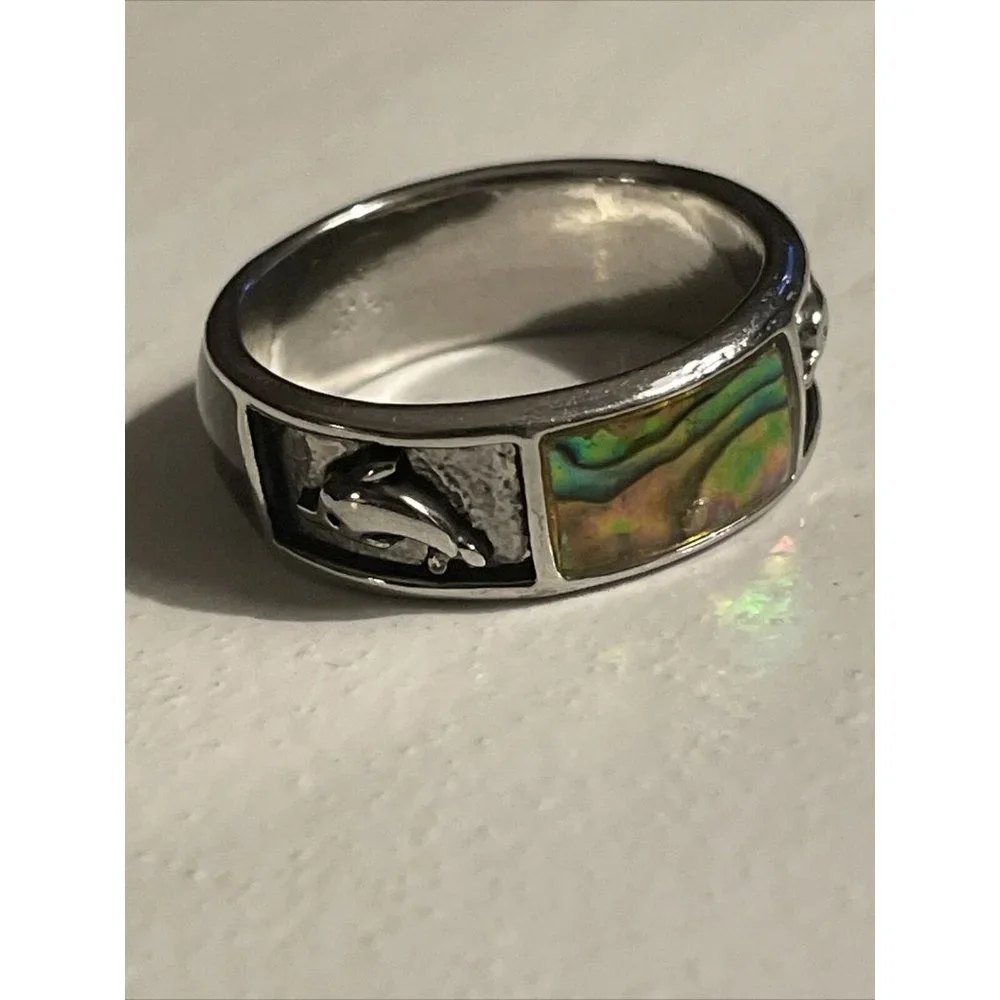 Abalone Shell Silver Tone Inlay Dolphin Ring‎ Band Size 9.5  Beach Vacation A122